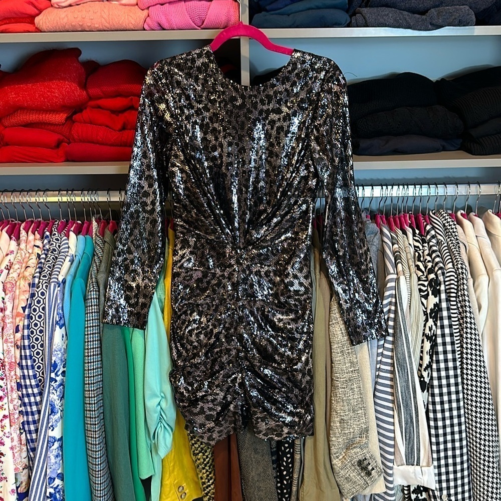 MSGM silver and black sequin leopard print v back mini dress size 8 (runs small)